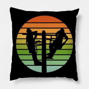 Lineman Repairing Damaged Power Lines Retro Sunset Pillow