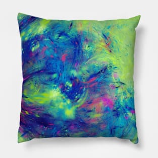 Neon Graffiti Splash Blue and Lime Abstract Artwork Pillow