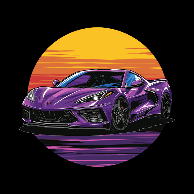 Purple C8 Corvette Stingray Parked In the Sunset Supercar Racecar Muscle Car Sportscar Corvette C8 by Tees 4 Thee