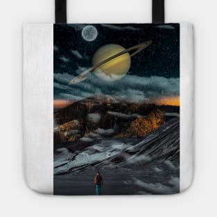 Journey into the Night: Artwork of a Man Walking under a Starry Sky Tote