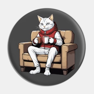 White Cat Sipping on Hot Chocolate Pin