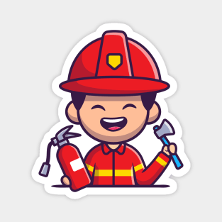 Firefighter With Hatchet Axe And Fire Extinguisher Cartoon Magnet