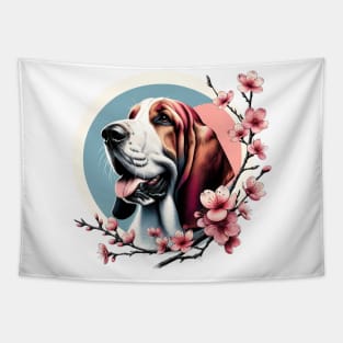 Joyful Grand Basset Griffon Vendeen with Spring Cherry Blossoms Tapestry