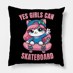 Yes Girls Can Skateboard, Skater Cat Girl Pillow