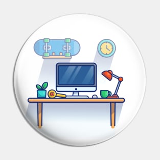 Table, Monitor, Plant, Cup, Lamp, Mouse, Skateboard And Clock Cartoon Pin