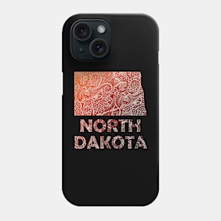 Colorful mandala art map of North Dakota with text in brown and orange Phone Case