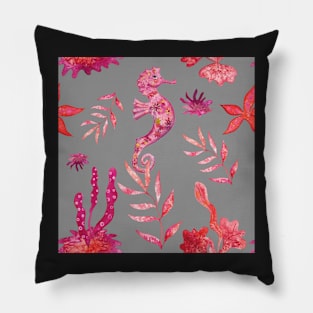 Red Seahorse and Algae (on gray background) Pillow