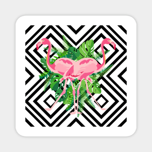 Hand drawn pink flamingo with tropical leaves in mirror image style on geometric background. Magnet