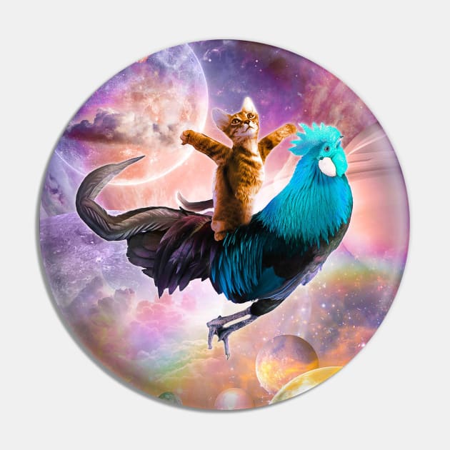 Galaxy Space Cat Riding Chicken - Rainbow Pin by Random Galaxy