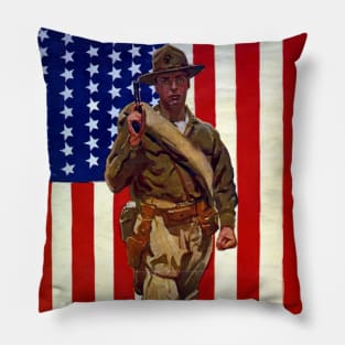 Vintage Soldier with American Flag Pillow