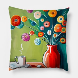 Inquisitive Cute Abstract Flowers in a Red Vase Still Life Painting Pillow