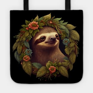 Cute Sloth in a Floral Wreath Tote