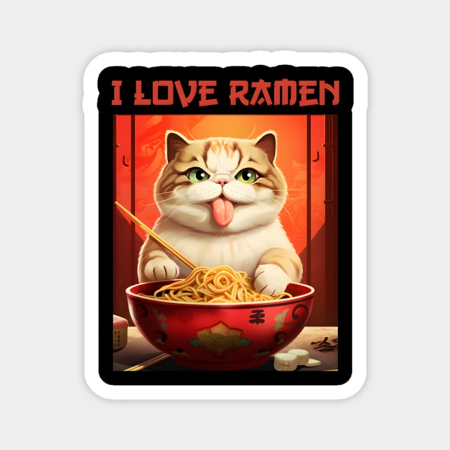 Quirky Kitty Cat Eating Ramen - I Love Ramen Magnet by KittyStampedeCo