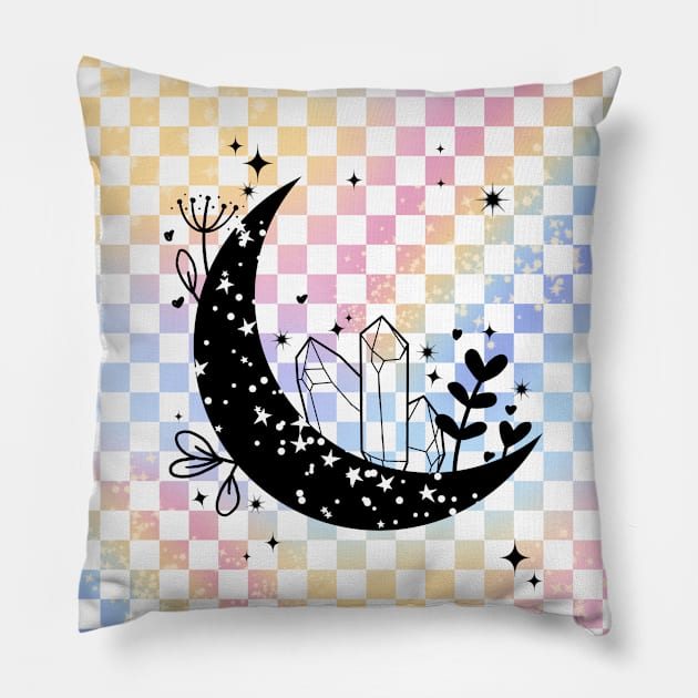 Moon Crystal Gardens on Pastel Checkerboard Pillow by KathrinLegg