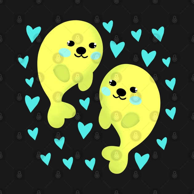 Two funny cute yellow little seal pups swimming in the sea of pink hearts cartoon. Seals in love. Gift ideas for marine animal lovers. by BlaiseDesign