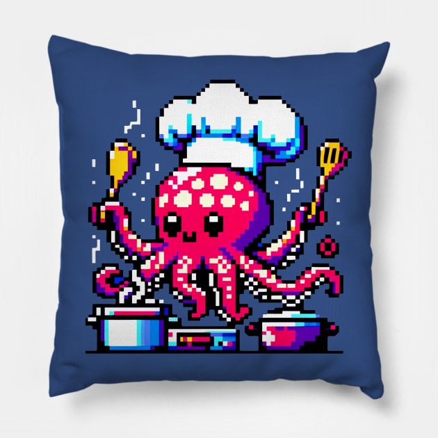 Pixel Art Chef Octopus - Vintage-Style Culinary Gaming Design Pillow by Pixel Punkster
