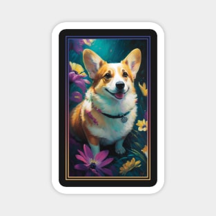 Pembroke Welsh Corgi Dog Vibrant Tropical Flower Tall Digital Oil Painting Portrait Magnet