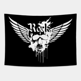 rock skull with wings black and white design Tapestry