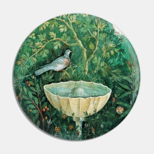 POMPEII COLLECTION,LITTLE BIRDS,DOVES AND FOUNTAIN IN GARDEN ,GREEN FLORAL Pin