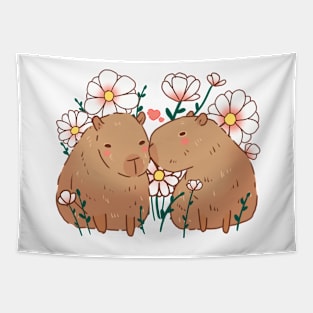 Capybaras in love with flowers Tapestry