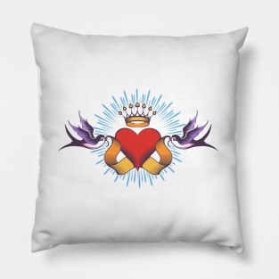 Heart with Ribbon and Swallows Tattoo isolated on white Pillow