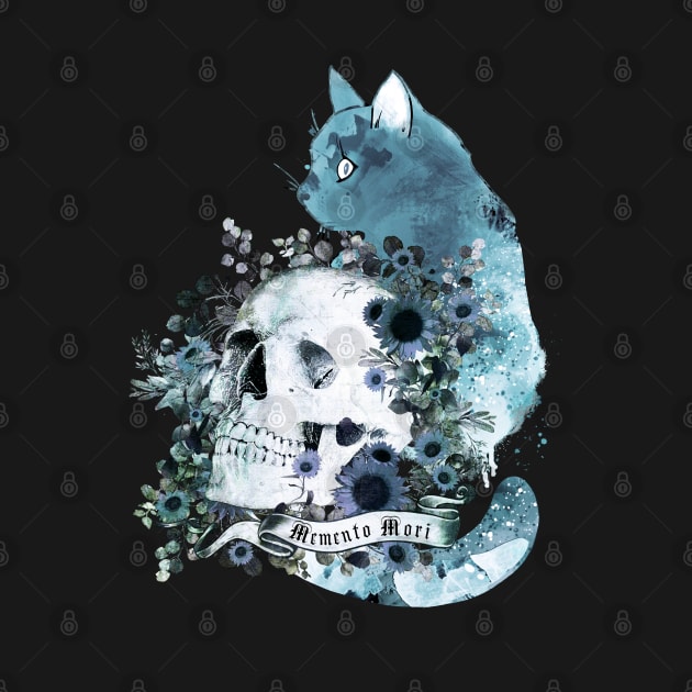 Blue cat and botanic Skull with flowers, memento mori, cat skull, witch, goth, watercolor by Collagedream