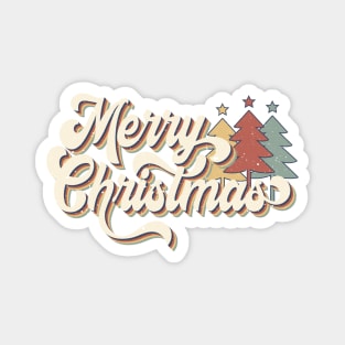 Retro Vintage 70s Merry Christmas Trees Typography Magnet