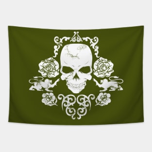 White Skull and Roses Distressed Vintage Style Design Tapestry
