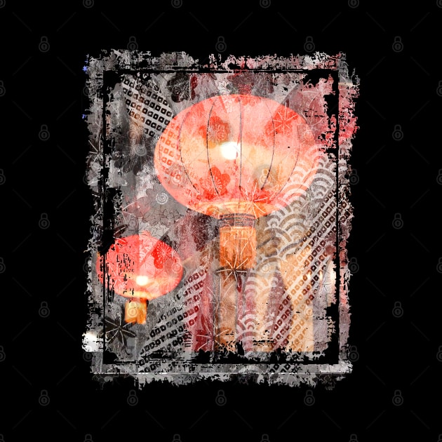 Red Japanese Lanterns Night Street Lights Lamps Collage Art 66 by dvongart