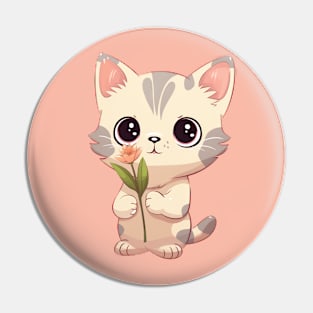 Cute Kitten with Flower Illustration Pin