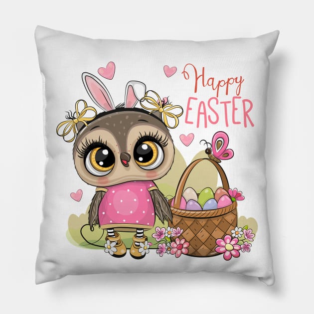 Easter print. Cute fashionable owl next to a basket of eggs. Pillow by Reginast777