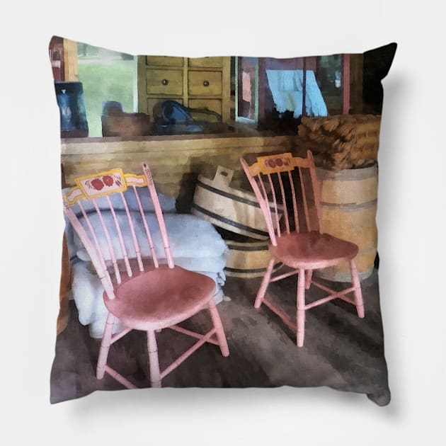 Two Pink Chairs in General Store Pillow by SusanSavad