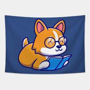 Cute Corgi Dog Reading Book Cartoon Tapestry