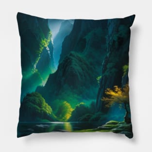 River Oasis at the bottom of a Lush, Green Tropical Canyon Pillow