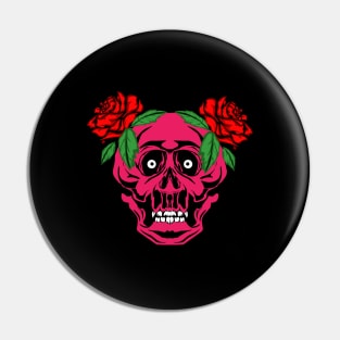 Pink of skull with red roses Pin