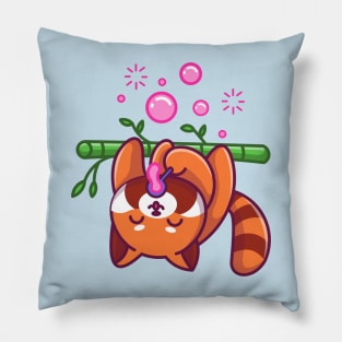 Cute Red Panda Blowing Bubble On Bamboo Tree Cartoon Pillow