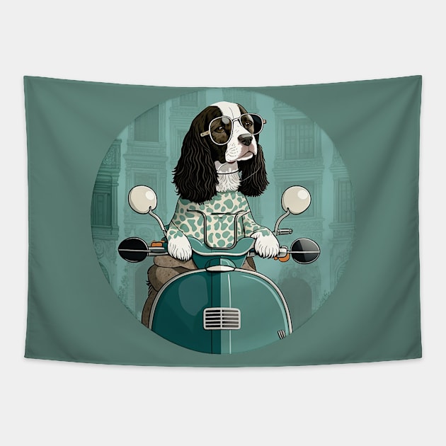 Super Cool Springer Spaniel on a Scooter 2 Tapestry by Bee's Pickled Art