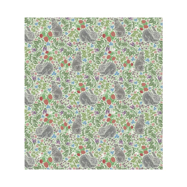 Grey rabbits with berries and bluebells on light green background by PinataFoundry