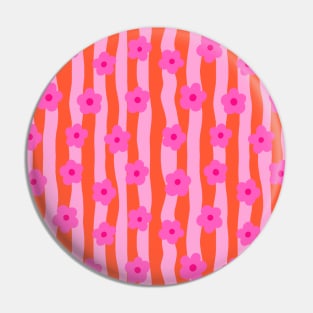 Pink Groovy Flowers on a Wavy, Stripy Orange Background Pin