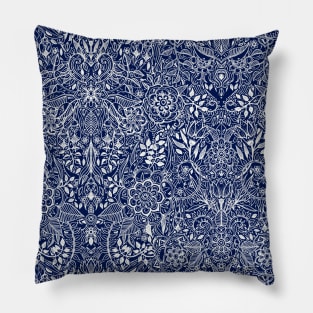 Detailed Floral Pattern in White on Navy Pillow