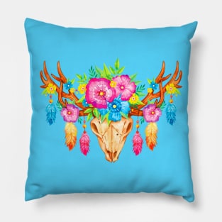 Feathers and Flowers Boho Skull Pillow