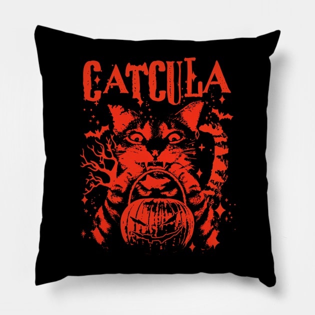 CATCULA Funny CAT Vampire Dracula Halloween Pillow by PunnyPoyoShop