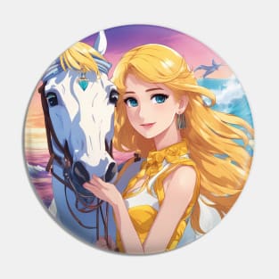 Blonde Anime Girl with White Horse Pin