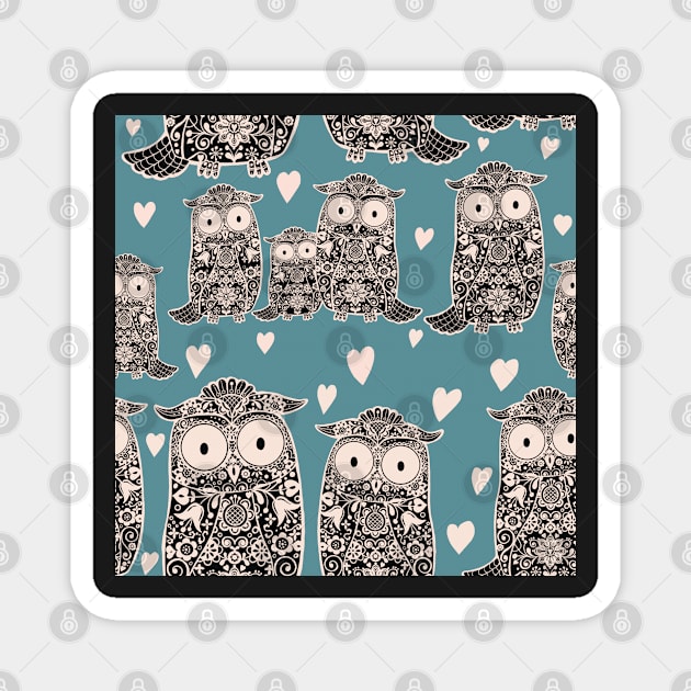 Folk Art Owls, Owlets and Hearts  Pattern on Teal Magnet by NattyDesigns