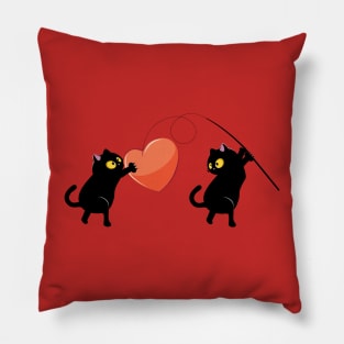 Black cat couple catch a heart Pillow