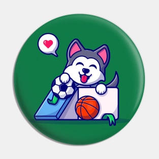 Cute Husky Dog In Box With Ball Cartoon Vector Icon Illustration Pin