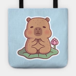 Cute Capybara Meditating On Lotus Leaf Tote