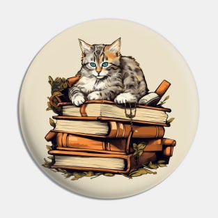 Bookish cat sleeping on books - Kitten lady & librarian gift Pin