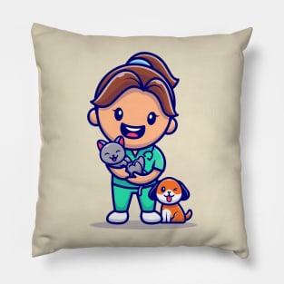 Cute Girl With Cat And Dog Cartoon Pillow