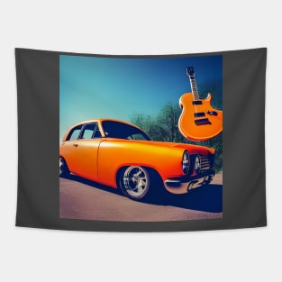 An Orange Guitar Suspended above An Orange Car Tapestry